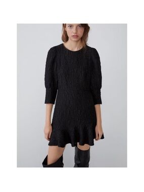 Zara Black Textured Puff-Sleeve Mini Dress with Fluted Hem